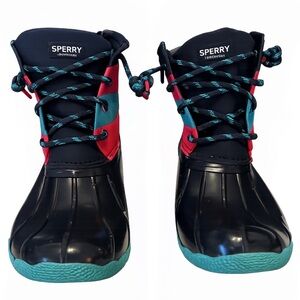 Kids Sperry's Size 3 Saltwater Duck Boots Navy with Colorblock Stripes